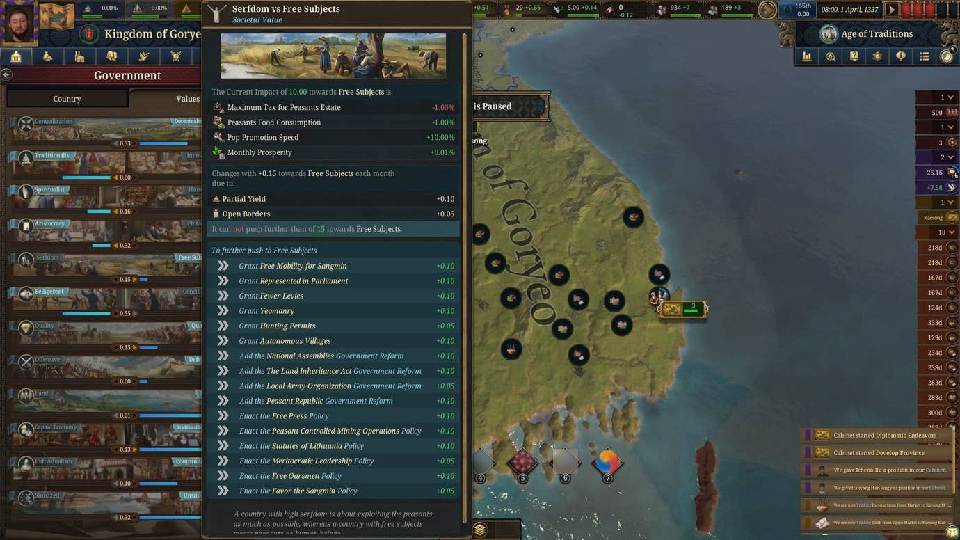 A menu shows the cultural values of Korea, including how it values free subjects over serfdom.